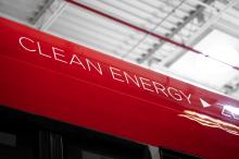 Photo of the top of the GoRaleigh bus with the words "Clean Energy" spelled out