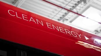 Photo of the top of the GoRaleigh bus with the words "Clean Energy" spelled out